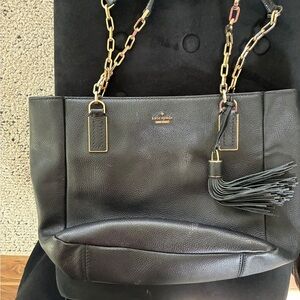 kate spade Black Leather Tote with Gold Chain Handles and Tassel